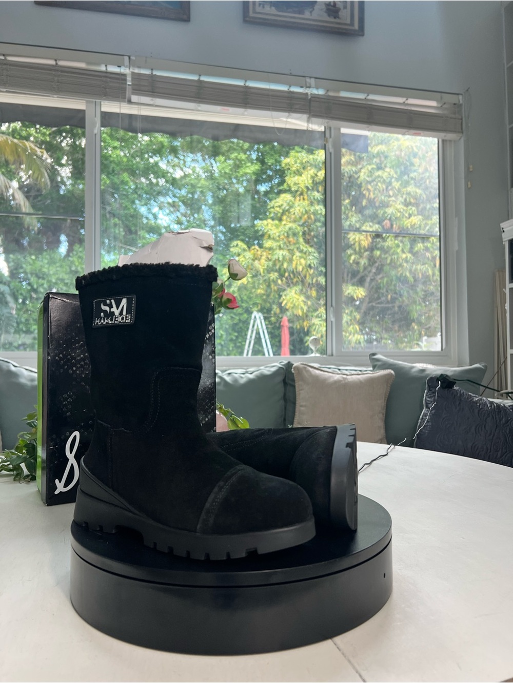 Sam Edelman Black Suede Shearling-Lined Winter Boots